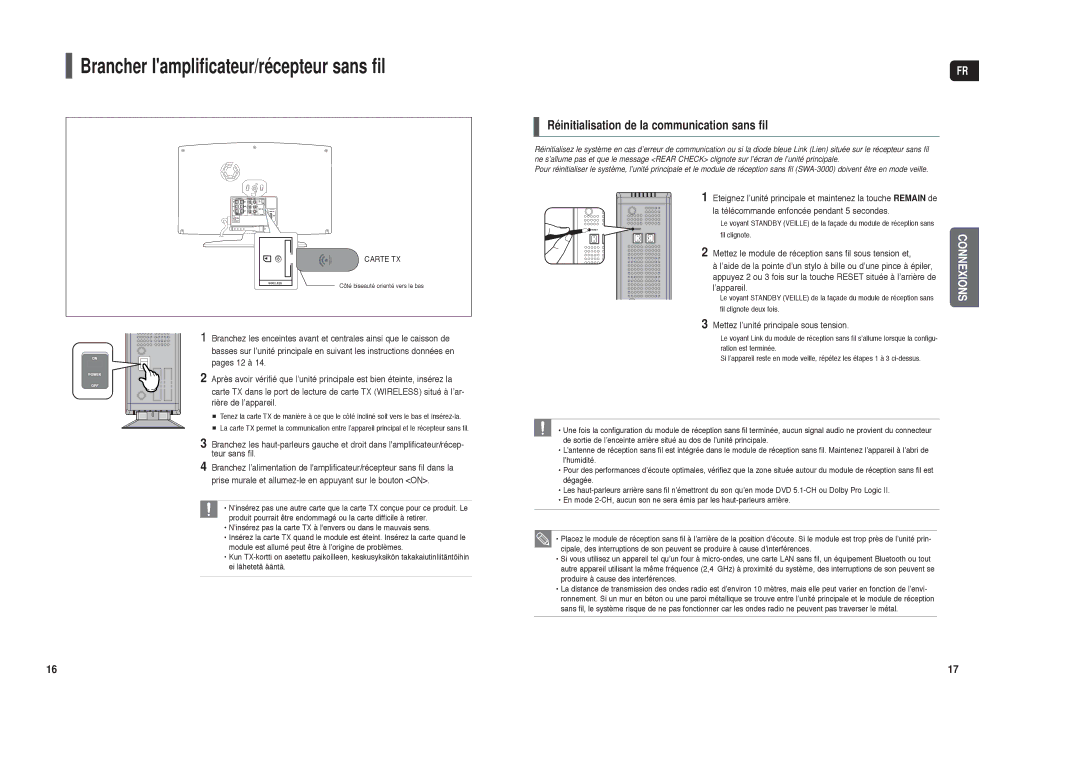 Samsung HT-X250R/XEF, HT-TX250R/XEF Réinitialisation de la communication sans fil, Mettez l’unité principale sous tension 