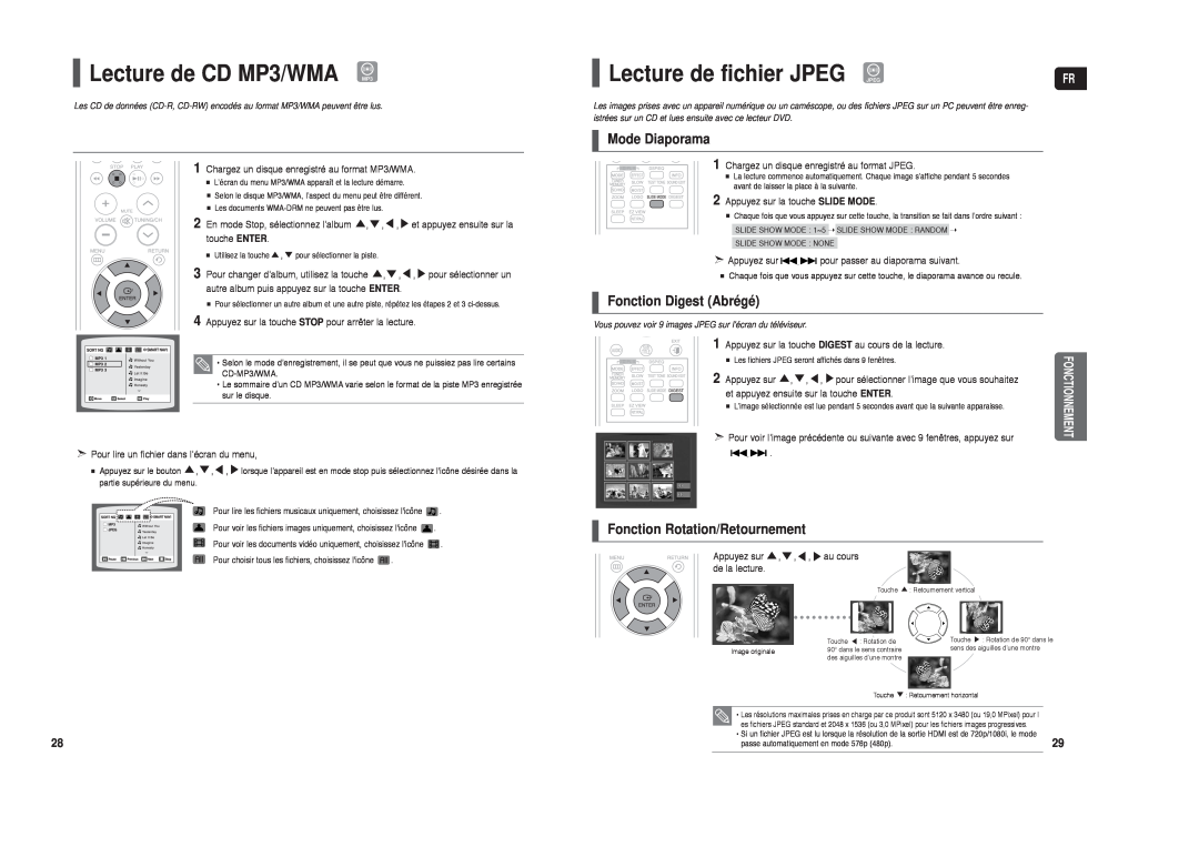 Samsung HT-X250R/XEF manual Lecture de CD MP3/WMA, Lecture de fichier JPEG JPEG, Mode Diaporama, Fonction Digest Abrégé 
