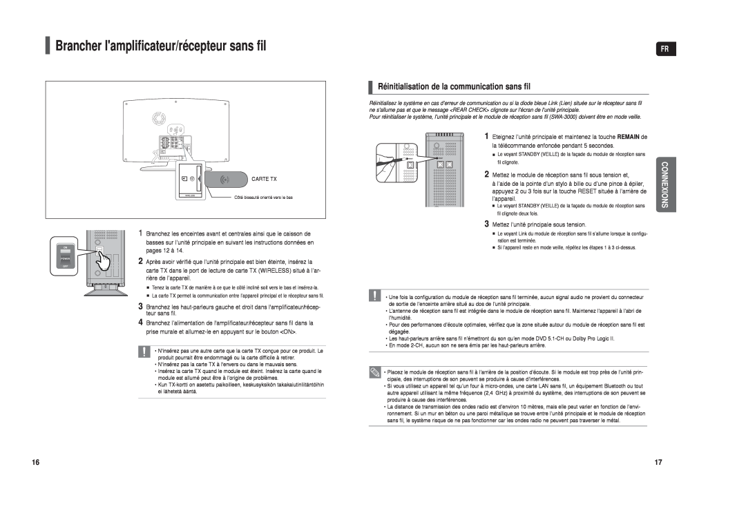 Samsung HT-X250R/XEF manual Brancher lamplificateur/récepteur sans fil, Réinitialisation de la communication sans fil 