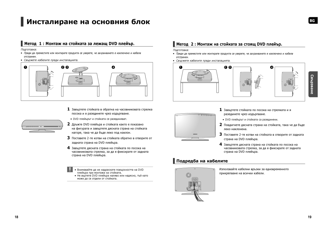 Samsung HT-X250R/XEO Инсталиране на основния блок, Метод 1 Монтаж на стойката за лежащ DVD плейър, Подредба на кабелите 