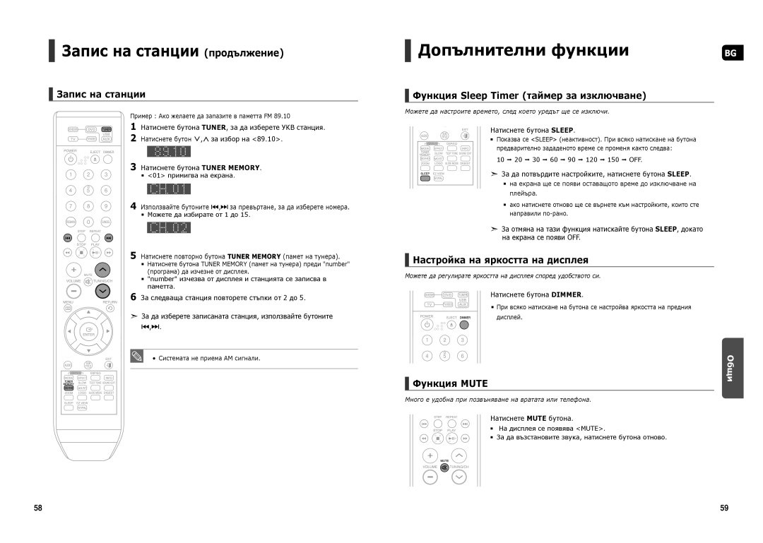 Samsung HT-TX250R/XEF, HT-X250R/XEO, HT-TX250R/XEO manual Запис на станции продължение, Допълнителни функции, Функция Mute 