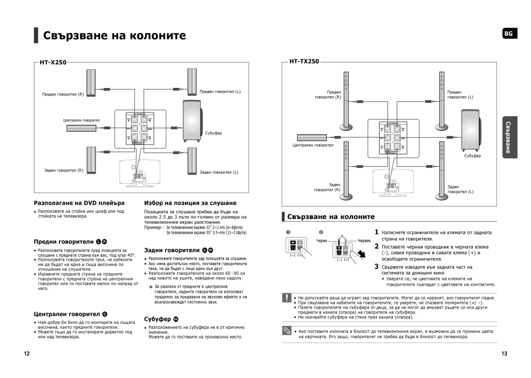 Samsung HT-X250R/XEO, HT-TX250R/XEF, HT-TX250R/XEO manual Свързване на колоните 