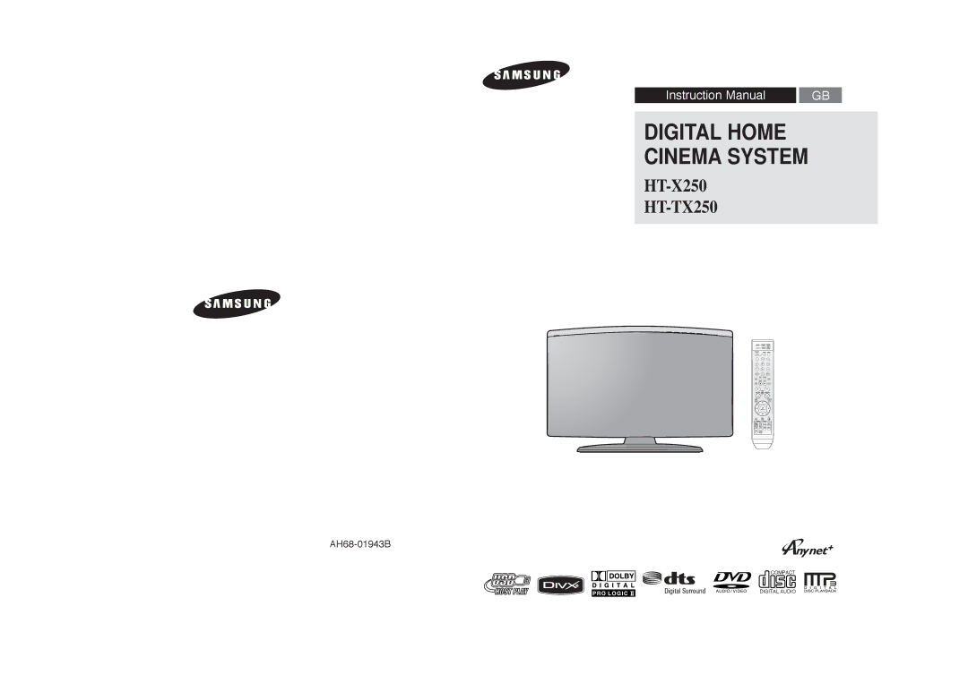 Samsung HT-X250R/XET, HT-TX250T/ADL, HT-X250R/XEG, HT-X250R/XEE, HT-TX250R/XEF, HT-X250R/XEF manual Digital Home Cinema System 