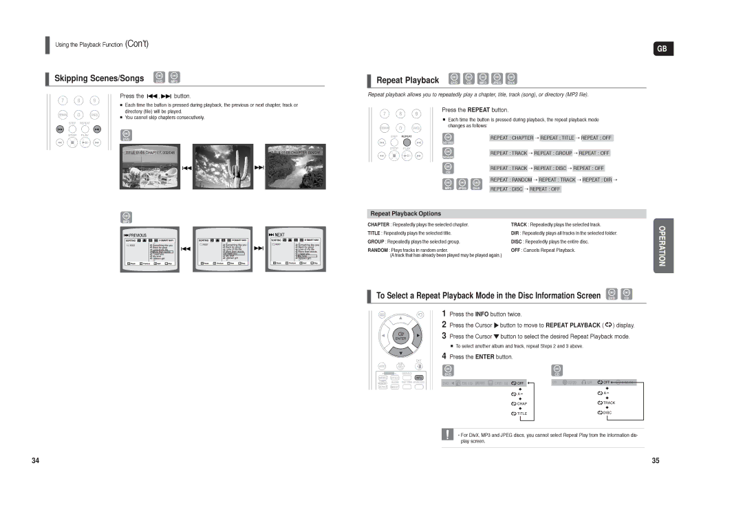 Samsung HT-X250R/XEG manual Skipping Scenes/Songs DVD MP3, Repeat Playback Options, Using the Playback Function Con’t 