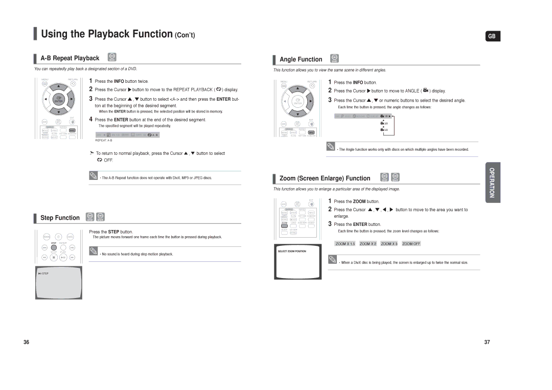 Samsung HT-X250R/XEE Using the Playback Function Con’t, Repeat Playback DVD, Step Function DVD DivX, Angle Function DVD 