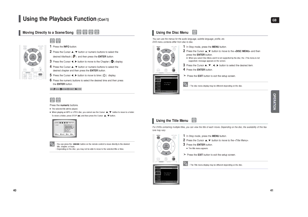 Samsung HT-X250R/XEF, HT-TX250T/ADL Moving Directly to a Scene/Song, Using the Disc Menu DVD, Using the Title Menu DVD 