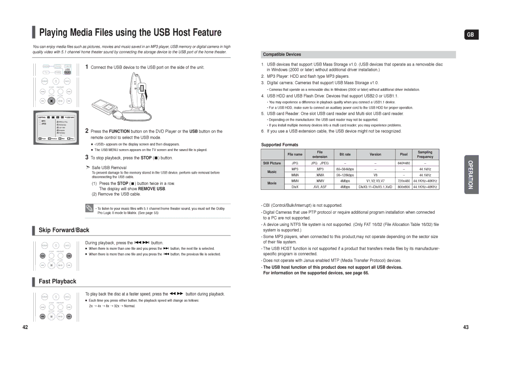 Samsung HT-X250R/XEO manual To stop playback, press the Stop button Safe USB Removal, During playback, press the button 