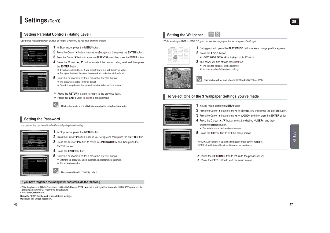 Samsung HT-TX250T/ADL Settings Con’t, Setting Parental Controls Rating Level, Setting the Wallpaper, Setting the Password 