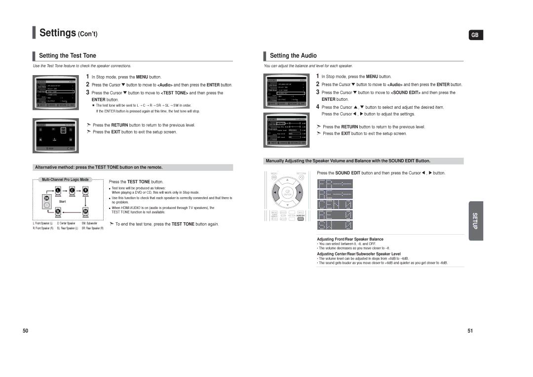 Samsung HT-X250R/XEG Setting the Test Tone, Setting the Audio, Alternative method press the Test Tone button on the remote 