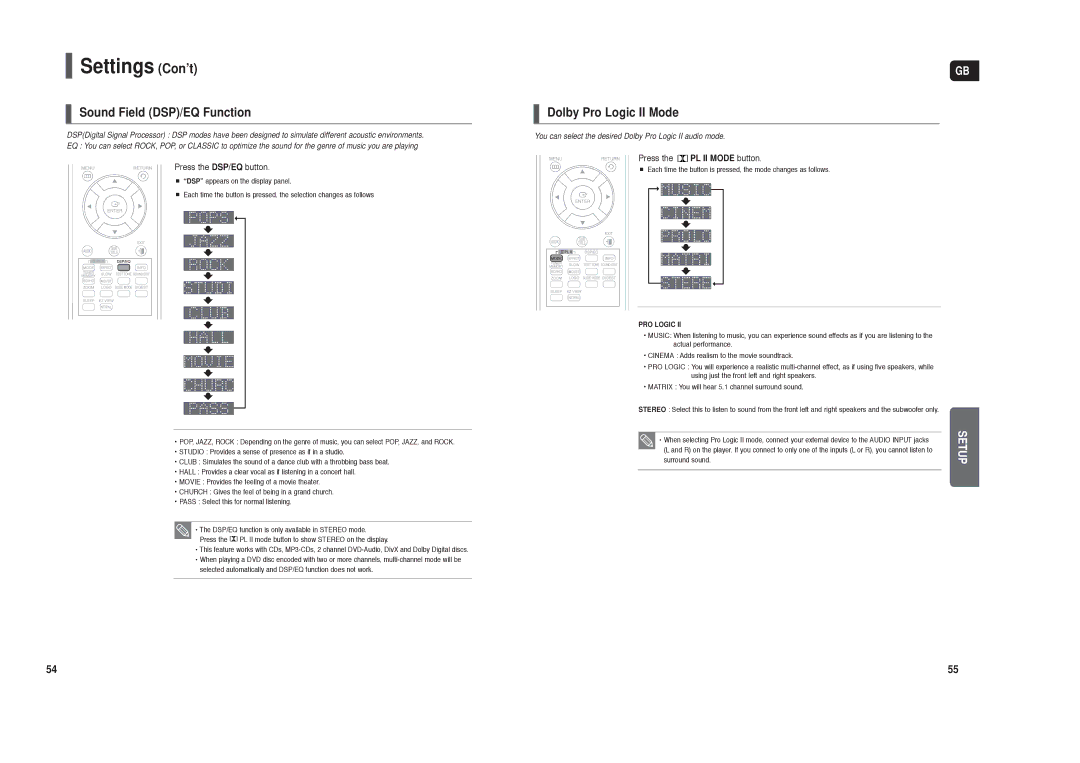 Samsung HT-TX250R/XEF, HT-TX250T/ADL manual Sound Field DSP/EQ Function, Dolby Pro Logic II Mode, Press the DSP/EQ button 