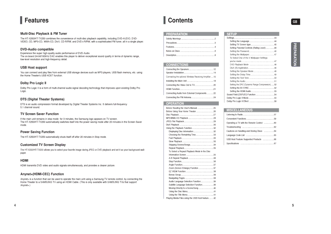 Samsung HT-X250R/XEE, HT-TX250T/ADL, HT-X250R/XET, HT-X250R/XEG, HT-TX250R/XEF, HT-X250R/XEF, HT-X250R/XEO Features, Contents 