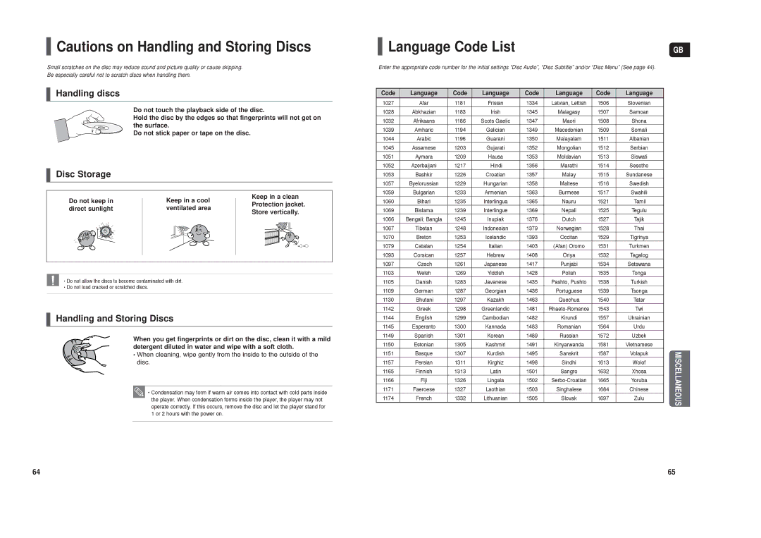 Samsung HT-X250R/XET, HT-TX250T/ADL, HT-X250R/XEG, HT-X250R/XEE, HT-TX250R/XEF, HT-X250R/XEF Language Code List, Code Language 