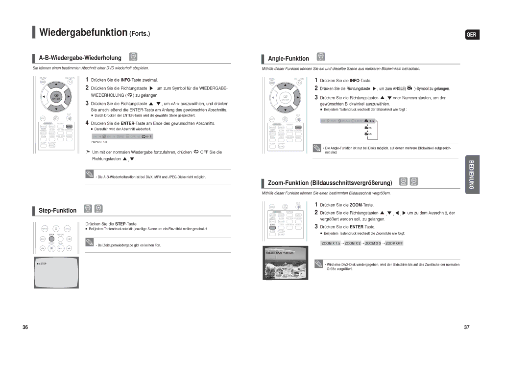 Samsung HT-X250R/XET, HT-TX250T/ADL Step-Funktion DVD DivX, Angle-Funktion DVD, Zoom-Funktion Bildausschnittsvergrößerung 