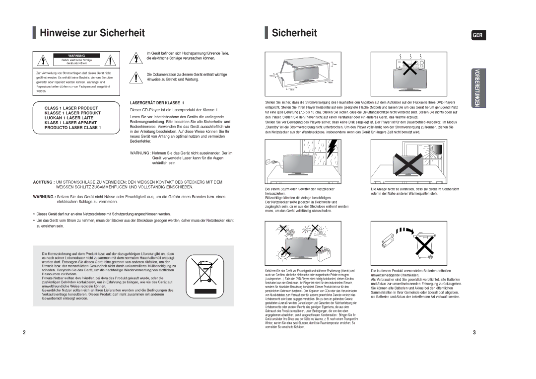 Samsung HT-X250R/XEG, HT-TX250T/ADL, HT-X250R/XET, HT-X250R/XEE, HT-TX250R/XEF, HT-X250R/XEF manual Hinweise zur Sicherheit, Ger 