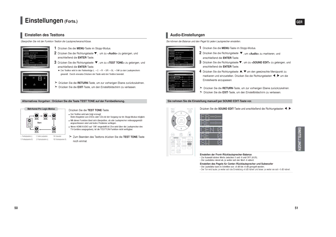 Samsung HT-X250R/XEG manual Einstellen des Testtons, Audio-Einstellungen, Drücken Sie die Test TONE-Taste, Noch einmal 