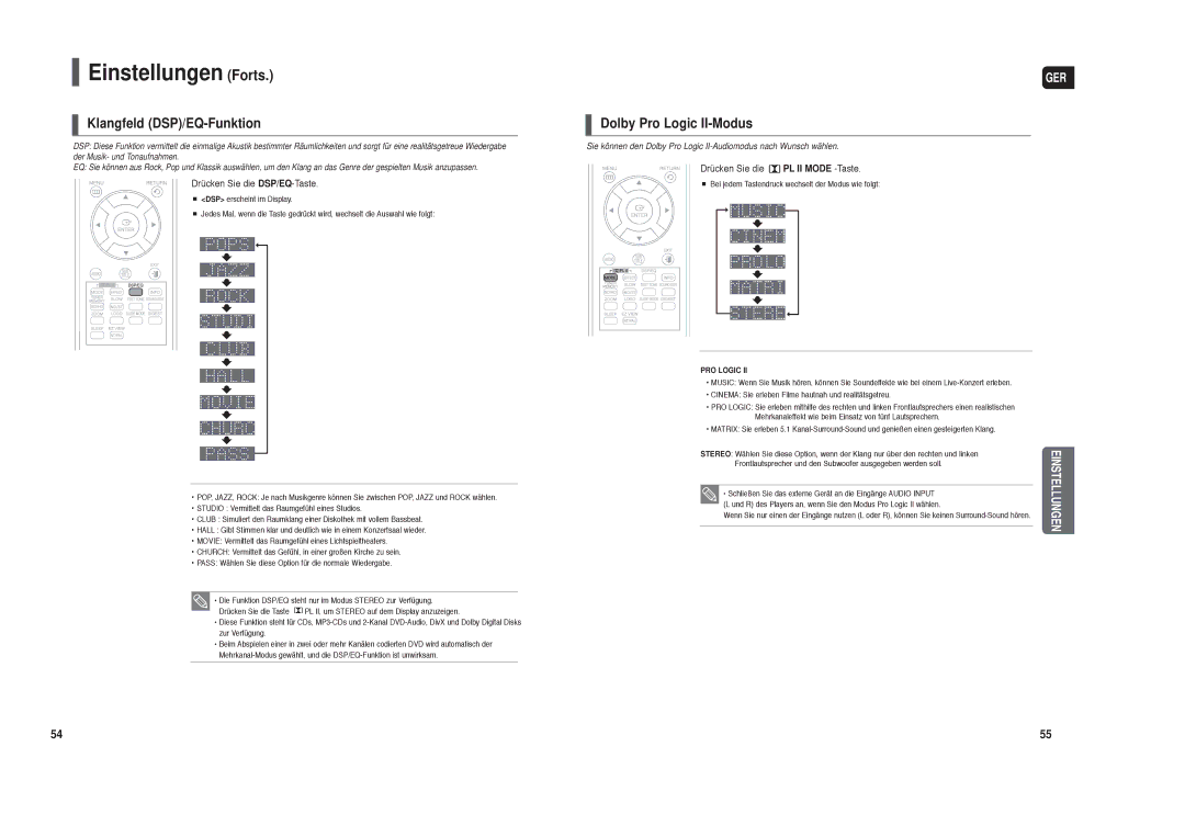 Samsung HT-TX250R/XEF, HT-TX250T/ADL Klangfeld DSP/EQ-Funktion, Dolby Pro Logic II-Modus, Drücken Sie die DSP/EQ-Taste 