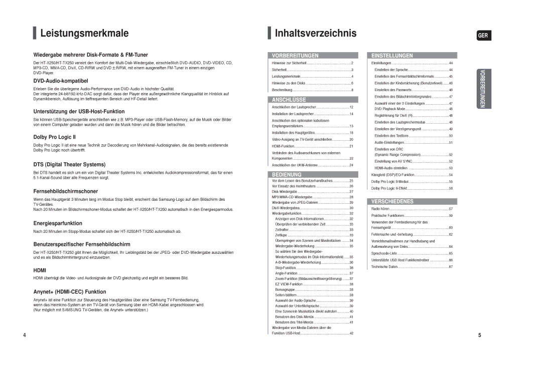 Samsung HT-X250R/XEE, HT-TX250T/ADL, HT-X250R/XET, HT-X250R/XEG, HT-TX250R/XEF manual Leistungsmerkmale, Inhaltsverzeichnis 