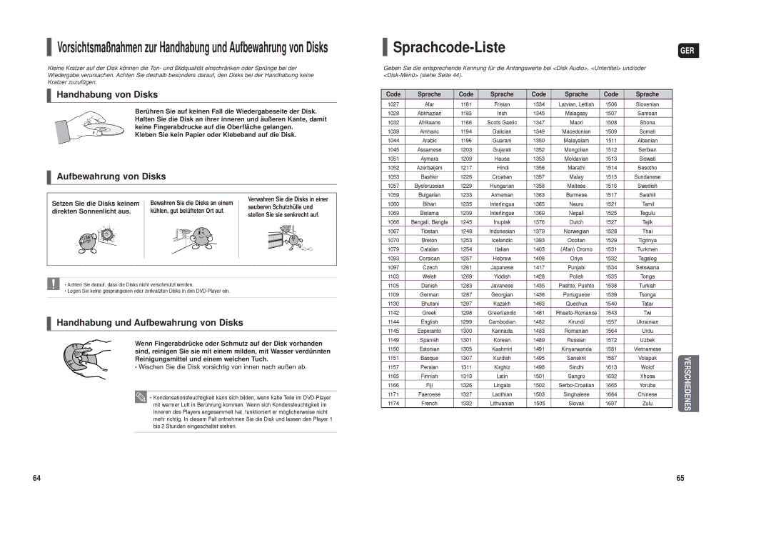 Samsung HT-X250R/XEE, HT-TX250T/ADL Sprachcode-Liste, Setzen Sie die Disks keinem, Direkten Sonnenlicht aus, Code Sprache 