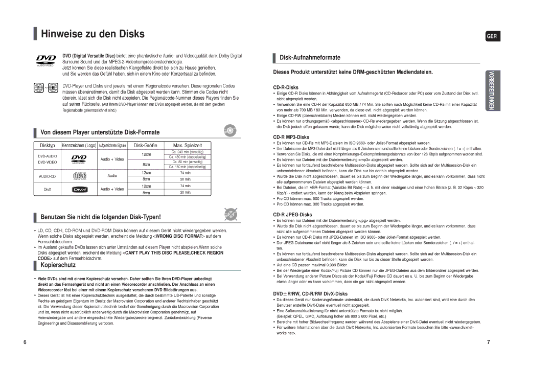 Samsung HT-TX250R/XEF Hinweise zu den Disks, CD-R-Disks, CD-R MP3-Disks, CD-R JPEG-Disks, DVD R/RW, CD-R/RW DivX-Disks 