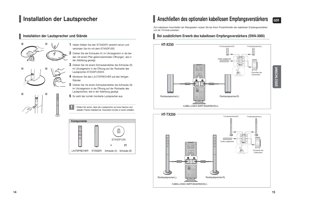 Samsung HT-X250R/XEG, HT-TX250T/ADL, HT-X250R/XET, HT-X250R/XEE Installation der Lautsprecher und Stände, Komponente 