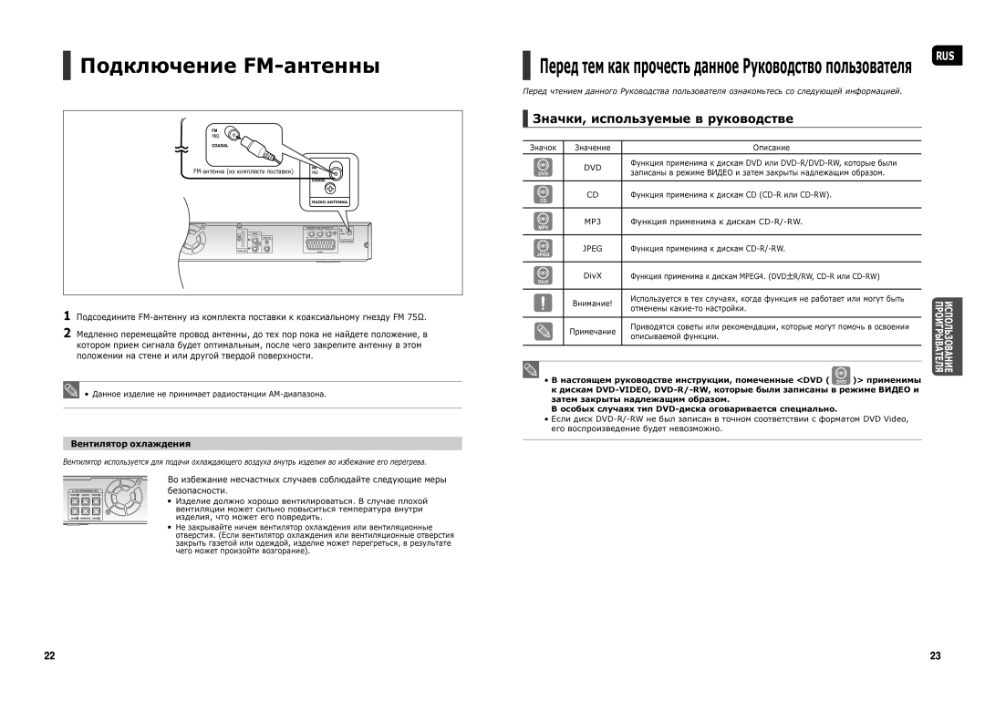 Samsung HT-TX25R/NWT manual Подключение FM-антенны, Значки, используемые в руководстве, Вентилятор охлаждения, Dvd 