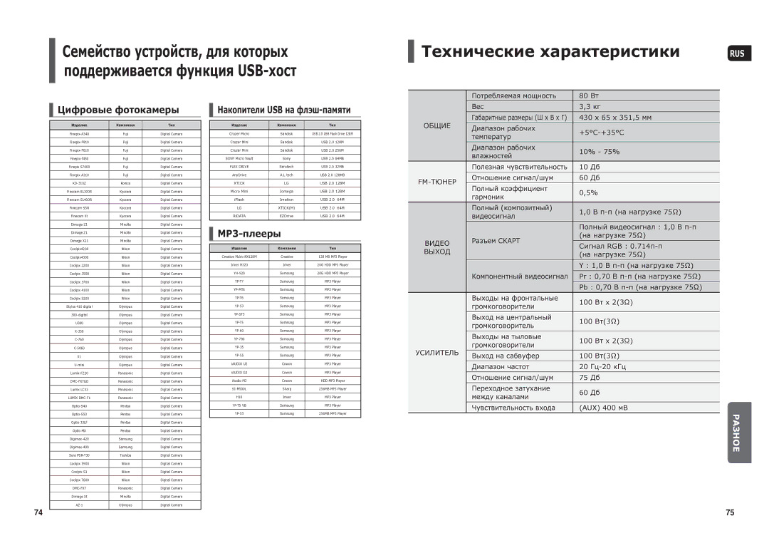 Samsung HT-TX25R/NWT manual Технические характеристики, Цифровые фотокамеры, MP3-плееры 