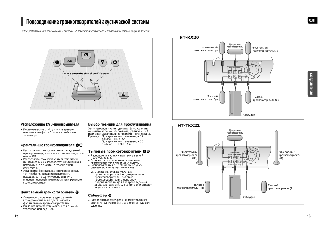 Samsung HT-TX25R/NWT manual Расположение DVD-проигрывателя, Фронтальные громкоговорители ei 