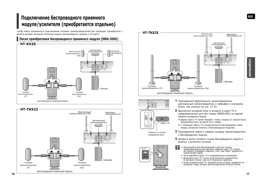 Samsung HT-TX25R/NWT manual Модуля/усилителя приобретается отдельно, Карту TX Направлена вниз, вставьте ее в гнездо 