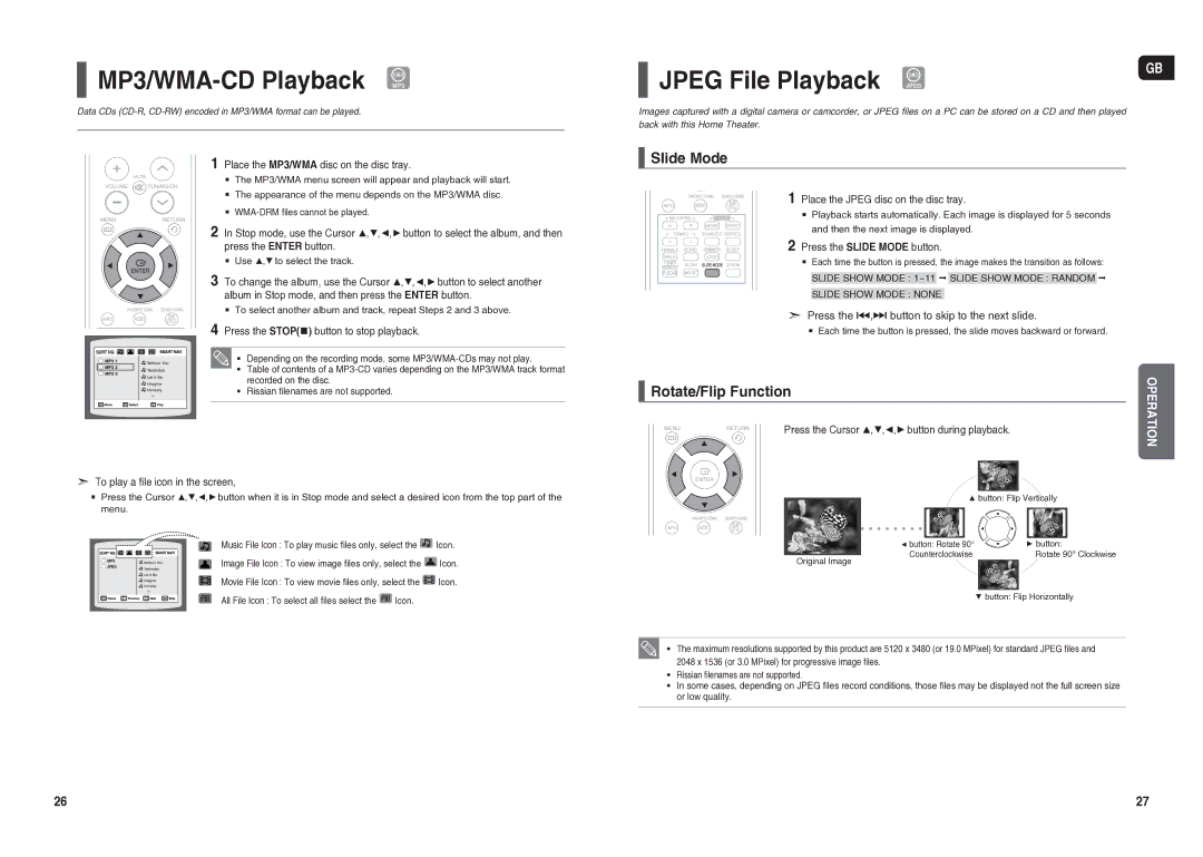 Samsung HT-TX25R/NWT manual MP3/WMA-CD Playback MP3, Jpeg File Playback, Slide Mode, Rotate/Flip Function 