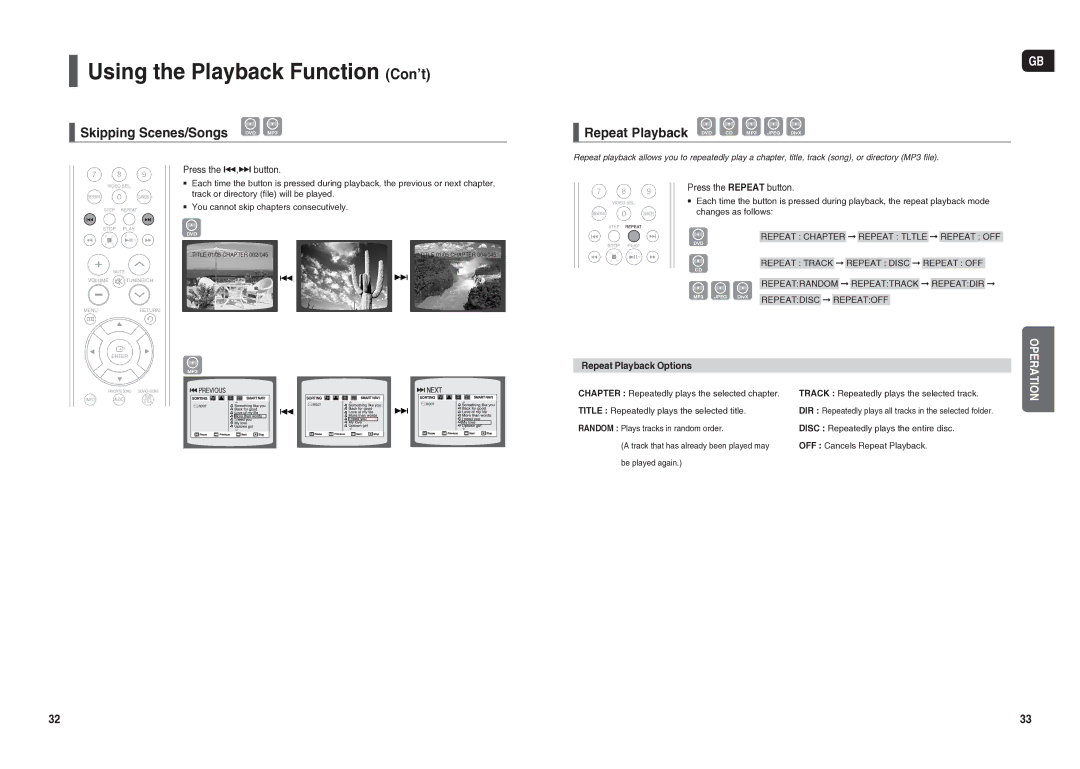 Samsung HT-TX25R/NWT manual Using the Playback Function Con’t, Press the #,$ button, Press the Repeat button 