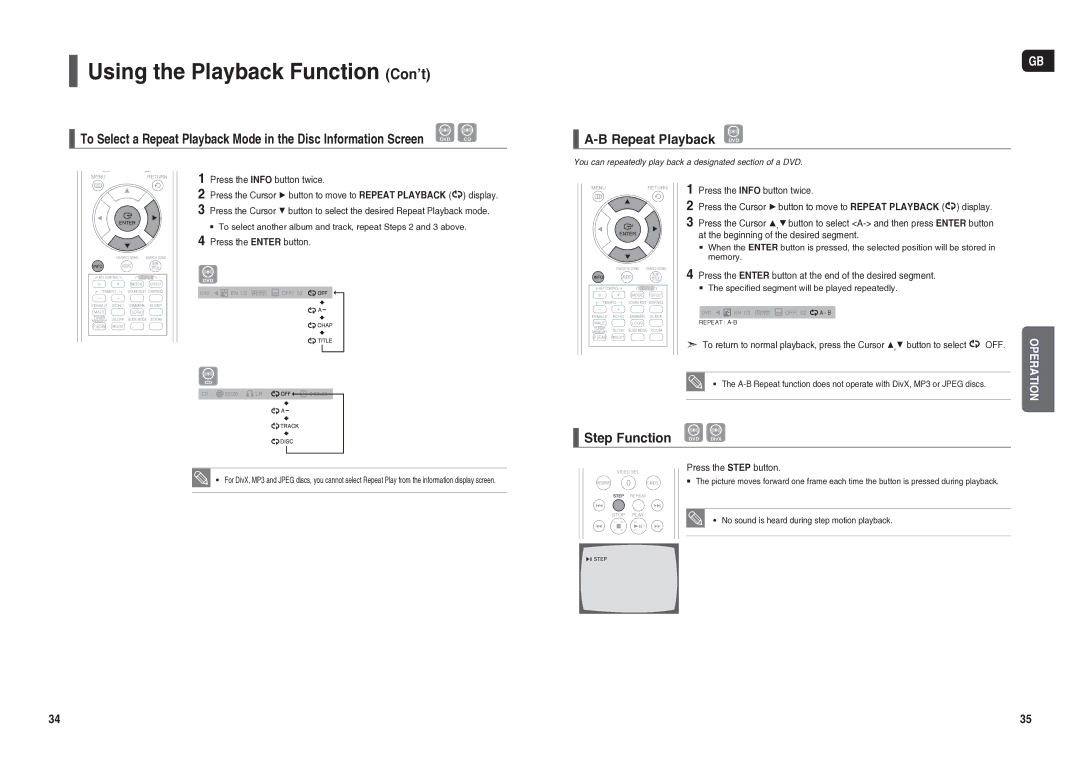 Samsung HT-TX25R/NWT manual Repeat Playback DVD, Step Function 