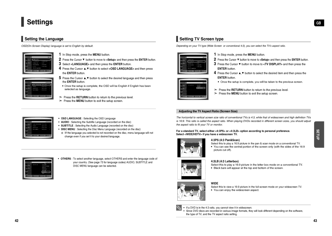 Samsung HT-TX25R/NWT manual Settings, Setting the Language, Setting TV Screen type 