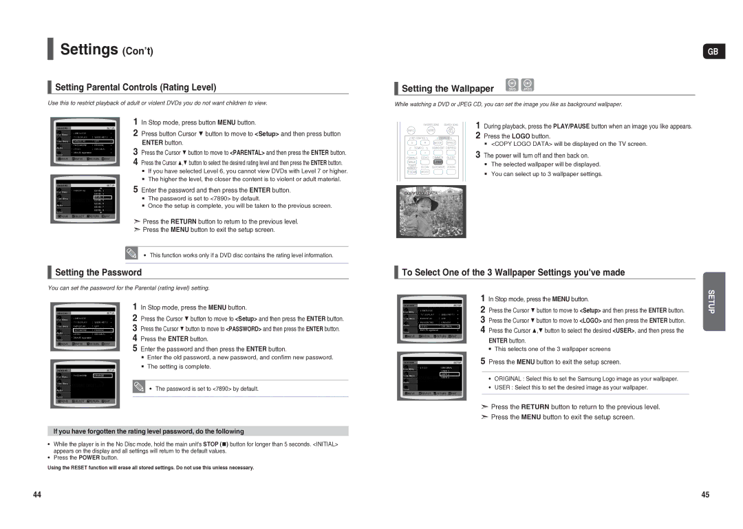 Samsung HT-TX25R/NWT manual Settings Con’t, Setting Parental Controls Rating Level, Setting the Password 