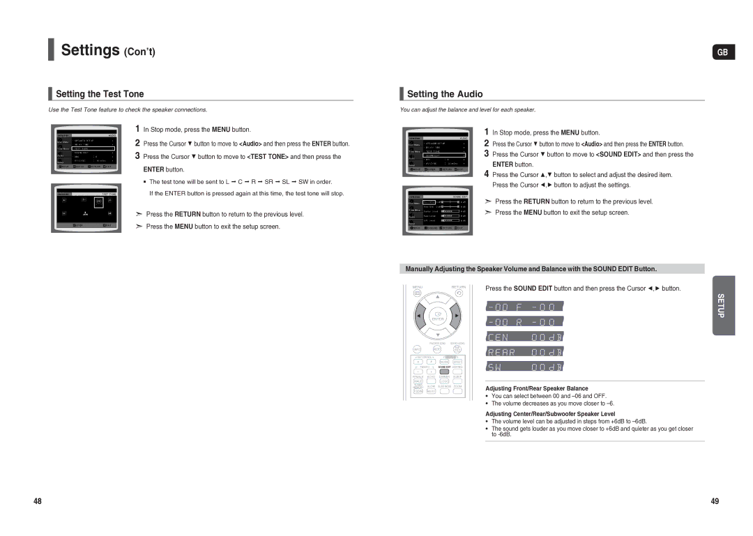 Samsung HT-TX25R/NWT manual Setting the Test Tone, Setting the Audio, Adjusting Front/Rear Speaker Balance 