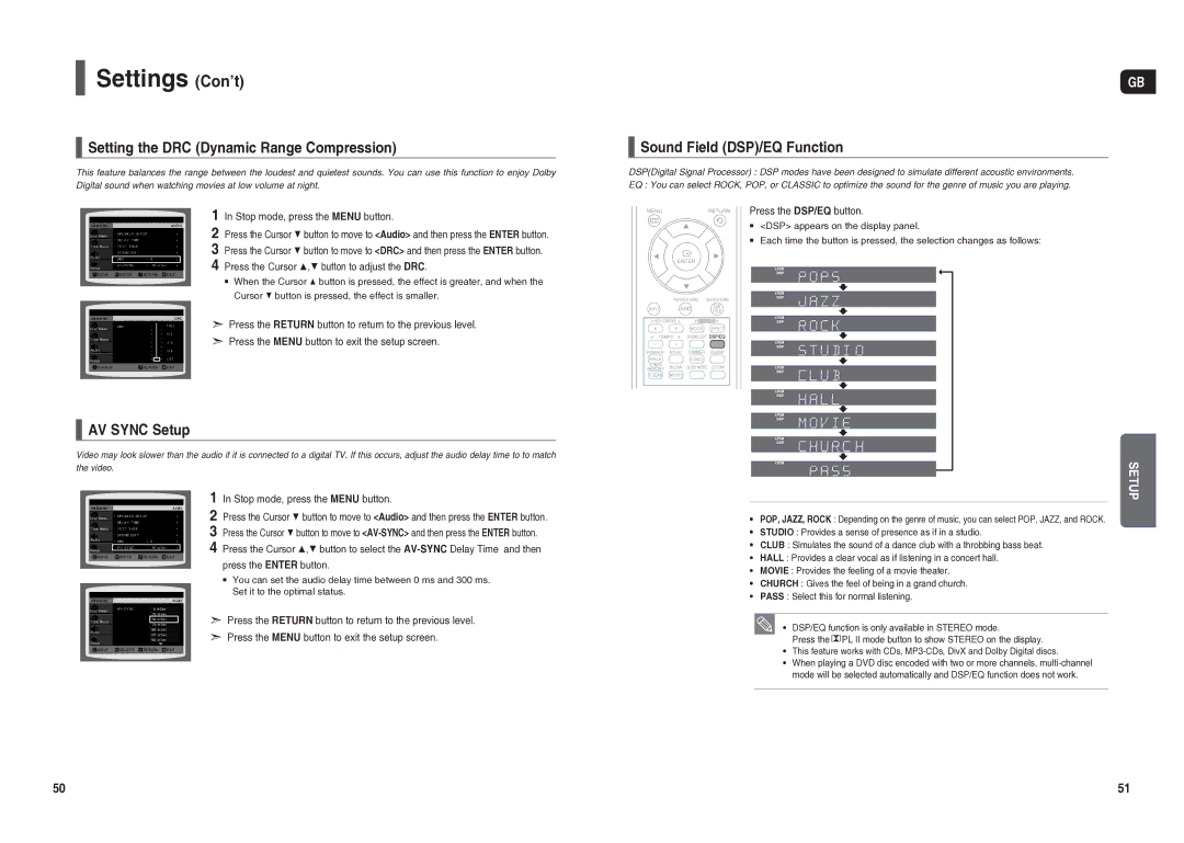 Samsung HT-TX25R/NWT manual Setting the DRC Dynamic Range Compression, AV Sync Setup, Sound Field DSP/EQ Function 