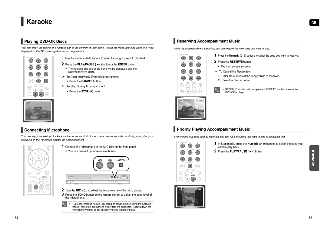 Samsung HT-TX25R/NWT manual Karaoke, Playing DVD-OK Discs, Connecting Microphone, Reserving Accompaniment Music 