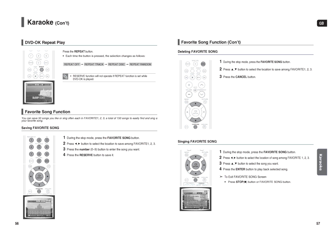 Samsung HT-TX25R/NWT manual Karaoke Con’t, DVD-OK Repeat Play, Favorite Song Function Con’t 