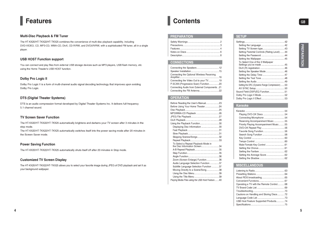 Samsung HT-TX25R/NWT manual Features, Contents 