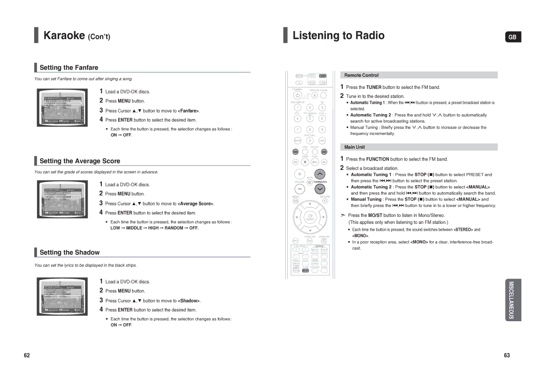 Samsung HT-TX25R/NWT manual Listening to Radio, Setting the Fanfare, Setting the Average Score, Setting the Shadow 