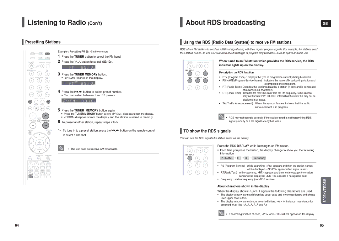 Samsung HT-TX25R/NWT manual Listening to Radio Con’t, About RDS broadcasting, Presetting Stations, To show the RDS signals 