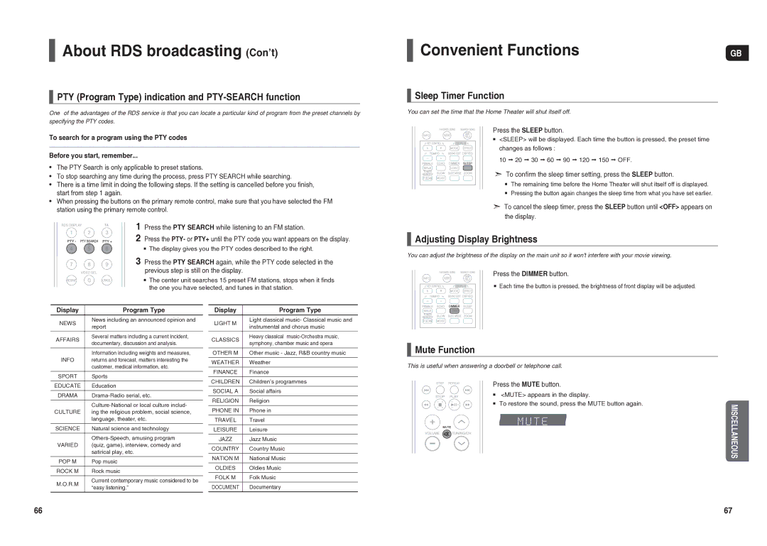 Samsung HT-TX25R/NWT manual About RDS broadcasting Con’t, Convenient Functions 