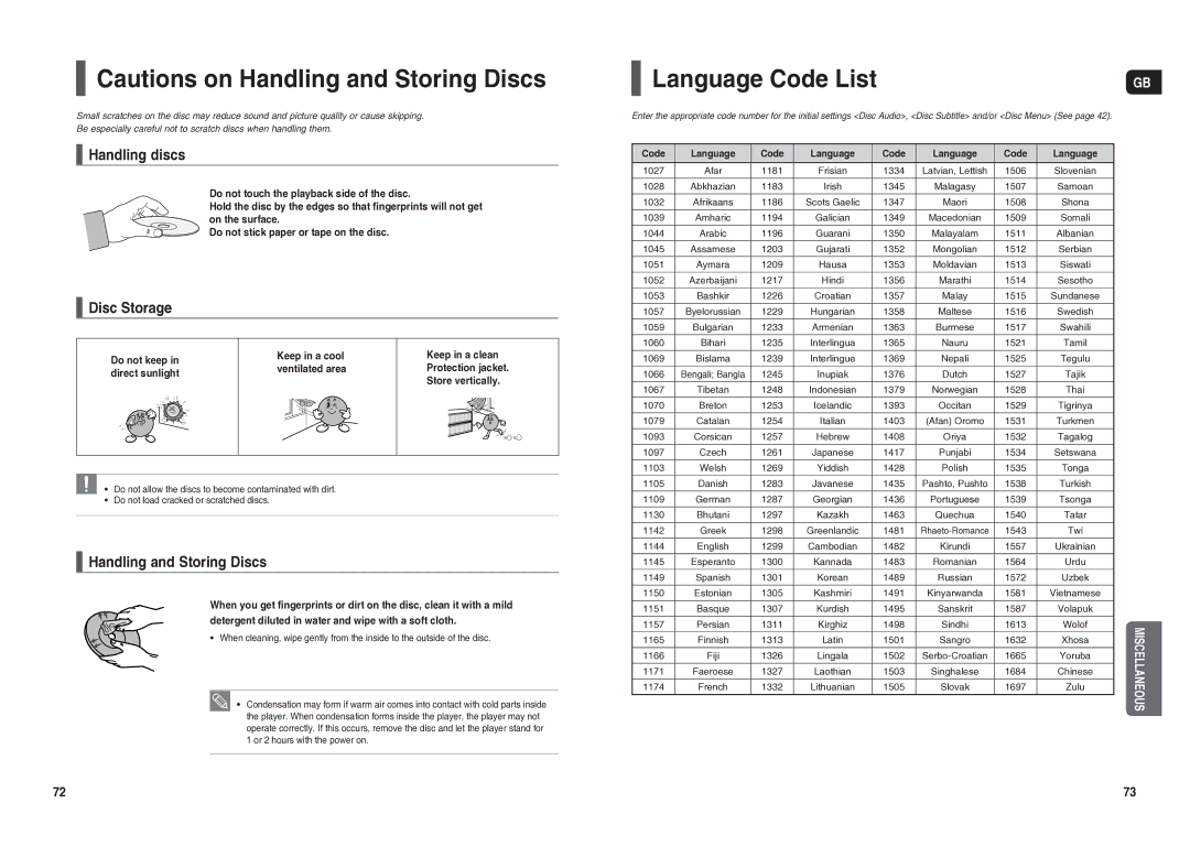 Samsung HT-TX25R/NWT manual Language Code List, Handling discs, Disc Storage, Handling and Storing Discs, Code Language 