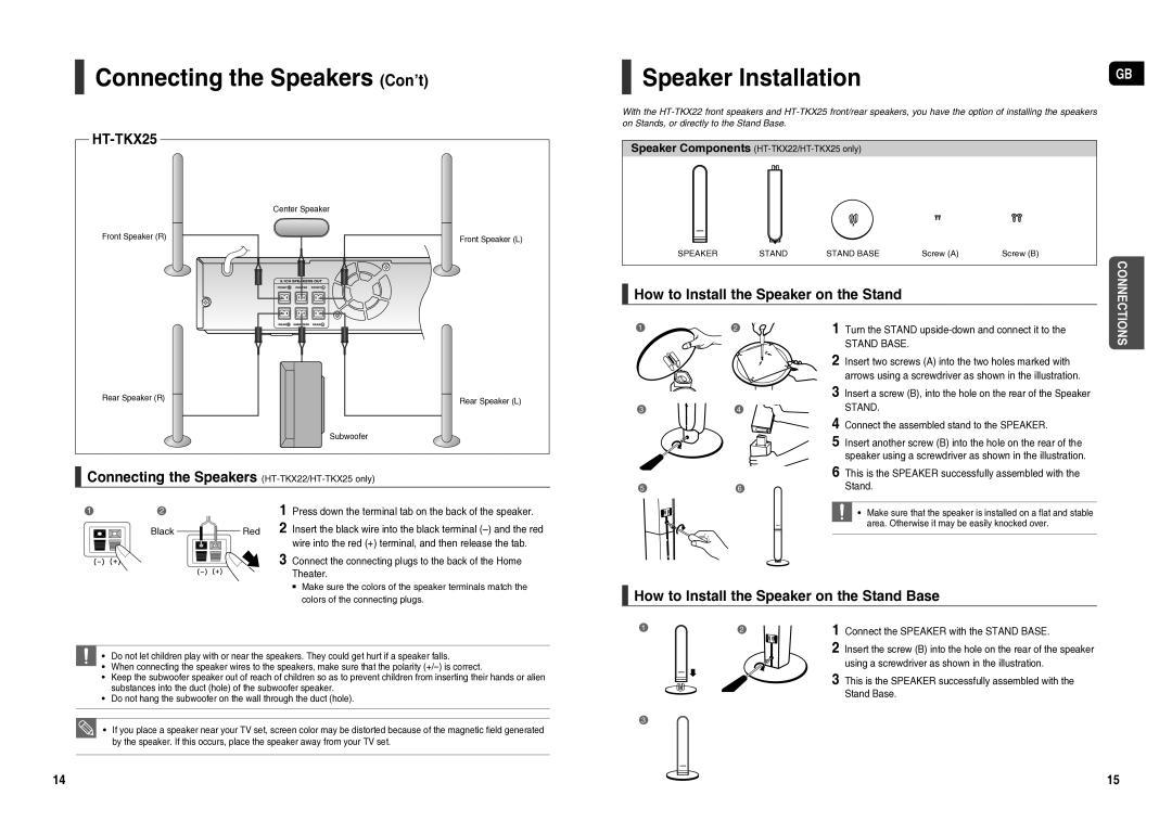 Samsung HT-TX25R/NWT Connecting the Speakers Con’t, Speaker Installation, Connecting the Speakers HT-TKX22/HT-TKX25 only 