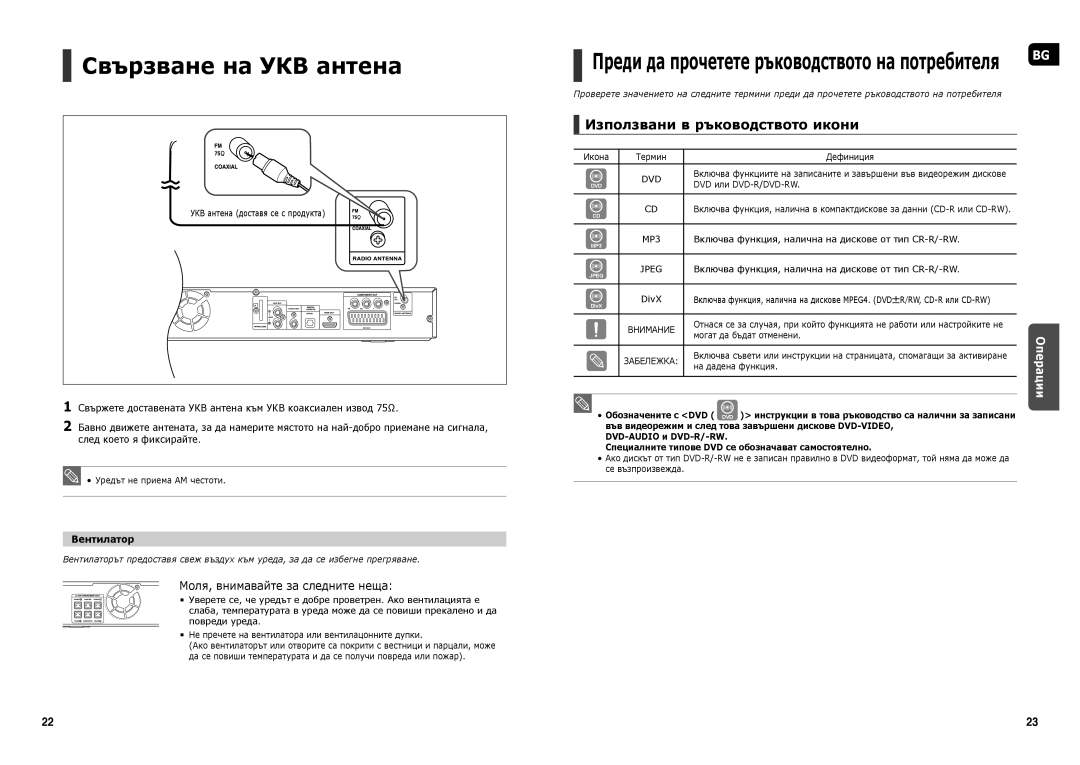 Samsung HT-TX35R/XEE manual Свързване на УКВ антена, Преди да прочетете ръководството на потребителя, Вентилатор, Dvd 