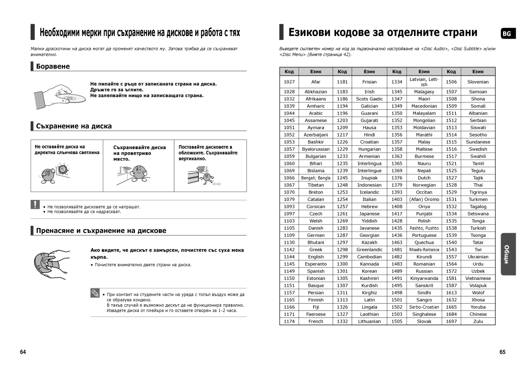 Samsung HT-TX35R/XEF, HT-TX35R/XEE, HT-X30R/XEO manual Боравене, Съхранение на диска, Пренасяне и съхранение на дискове 