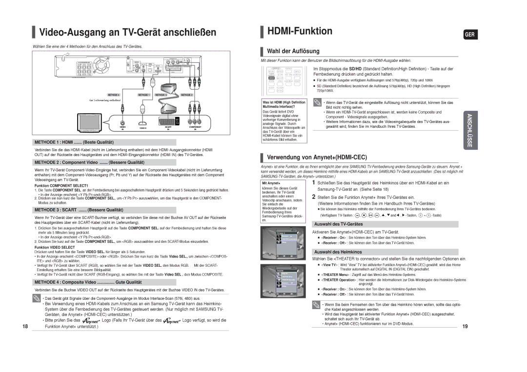 Samsung HT-X30R/XEF, HT-TX35R/XEE, HT-TX35T/ADL Video-Ausgang an TV-Gerät anschließen, HDMI-Funktion, Wahl der Auflösung 