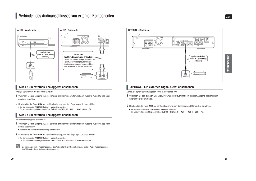 Samsung HT-TX35R/XEF, HT-TX35R/XEE AUX1 Ein externes Analoggerät anschließen, AUX2 Ein externes Analoggerät anschließen 