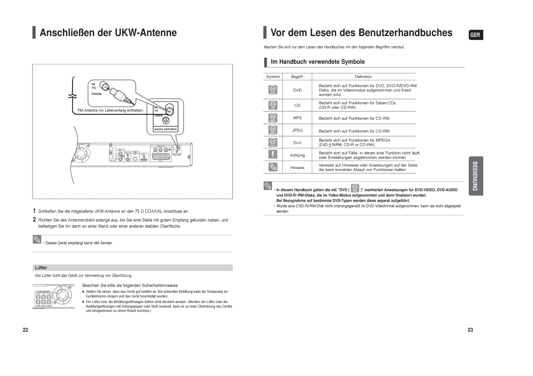 Samsung HT-TX35R/XEE Anschließen der UKW-Antenne, Vor dem Lesen des Benutzerhandbuches, Im Handbuch verwendete Symbole 