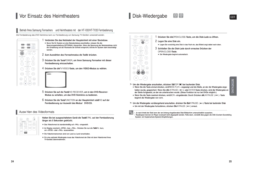 Samsung HT-TX35T/ADL manual Vor Einsatz des Heimtheaters, Disk-Wiedergabe, Auswählen des Videoformats, OPEN/CLOSE-Taste 