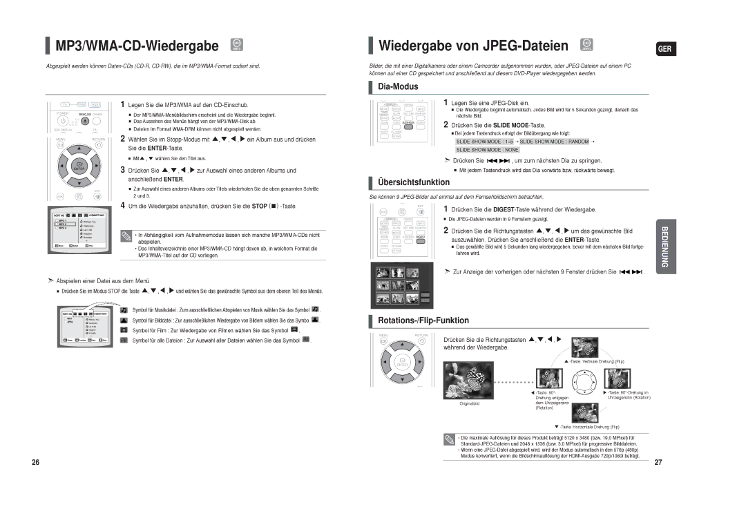 Samsung HT-X30R/XEE, HT-TX35R/XEE MP3/WMA-CD-Wiedergabe MP3, Wiedergabe von JPEG-Dateien, Dia-Modus, Übersichtsfunktion 